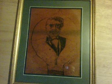 Thomas Edison in his creation  $110   on wood  Framed in glass 16 X 20